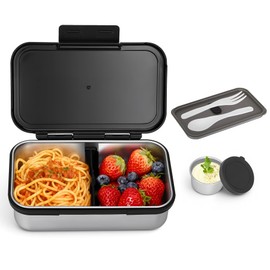 Reeple Stainless Steel Lunch Box, Leak-Proof Metal Bento Box with Adjustable Divider, Lunch Container for School Office Picnics & Travel, Microwave-Safe, Black