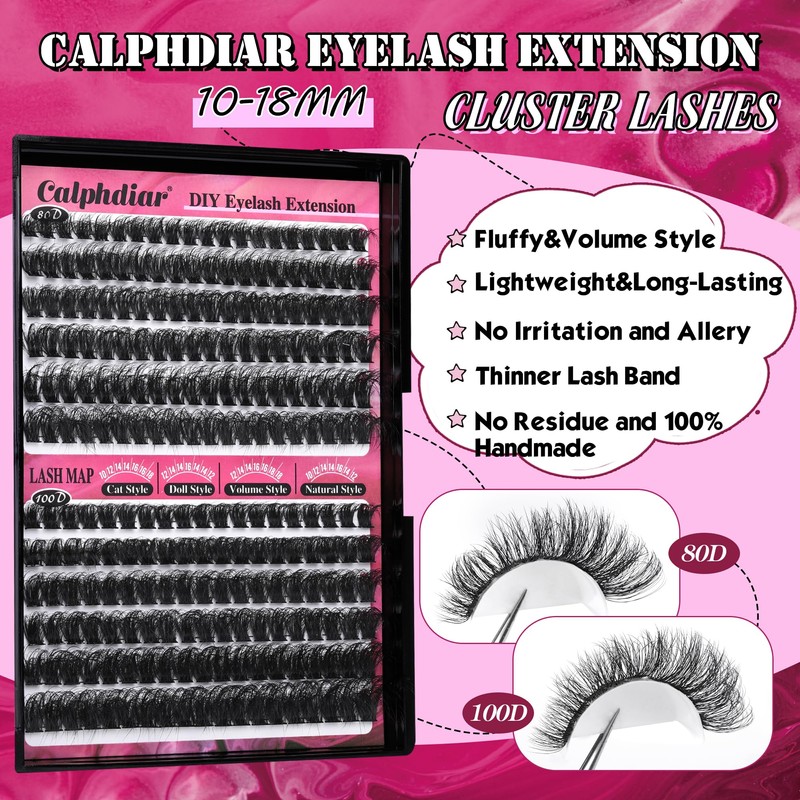 Calphdiar Fluffy Individual Eyelashes 80D+100D Thick Cluster Lashes Wispy Lashes