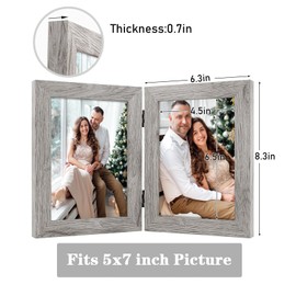 Frametory, 5x7 Double Picture Frame Hinged 2 Photos Frame Collage, Desk Picture Frame with Glass, Side by Side Frame Vertical (Light Gray, 1 Pack)