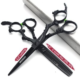 6 inch hair stylist barber scissors black plate dragon 440C hairdressing cutting scissors+thinning scissors (2pcs)