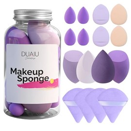 DUAIU Juego de 16 Esponjas y Borlas de Maquillaje en Botella, Borlas Triangulares, Esponja de Base de Tamaño Completo, Mini Esponjas y Borlas para Dedos para Maquillaje Líquido, en Crema y en Polvo, Morado