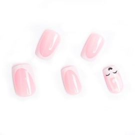 Bunny Easter Square Press on Nails Medium Glossy False Nail Kits with White French Tip Love Heart Design Stick on Nails for Easter Gift Acrylic Fake Nails Sets for Women Girls 24pcs