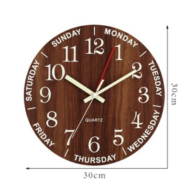 Felvoro Wall Clock 12 Inch Brown Weekly Wall Clock Silent Battery Operated Luminous Hands Retirement Elderly Wooden Glow in The Dark Clock