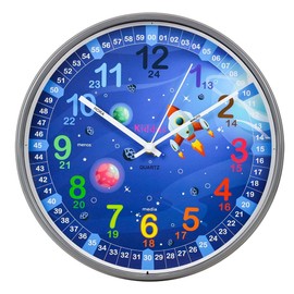 Kiddus Children's Wall Clock Analogue Time Teacher with Time Learning Exercises Silent Clock Many Languages Español XL Galaxy