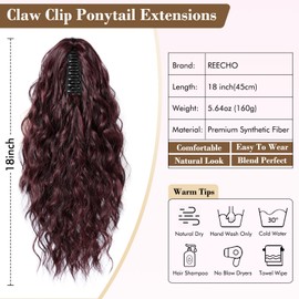 REECHO Ponytail Extension, 18 Inch Claw Multi Layered Clip on Ponytail Extension for Women Long Curly Wavy Hair Extensions Natural Fluffy Synthetic Clip in Ponytail Hairpiece HP002 - Burgundy