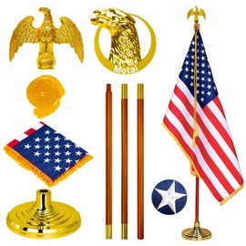 8.8ft Indoor US Flag Pole Kit with Eagle Topper- Solid Oak Pole- Metal Eagle Topper- Embroidered American Flag with Gold Fringed- Base Stand- Cord Tassel- for Office, School, City Hall, Meeting, Auditorium