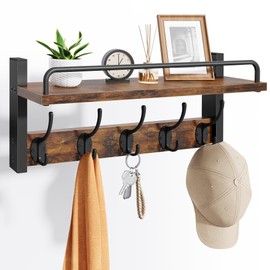 Tajsoon Coat Hanger Wall Mount with Shelf and Guardrail, 16.3" Rustic Brown