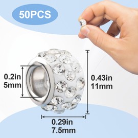 Mxxipp 50pcs Large Hole Rhinestone Beads for Jewelry Making, 11mm European Spacer Beads, Sparkly Crystal Hair Beads Charms for DIY Bracelet Pendant Bracelet- White