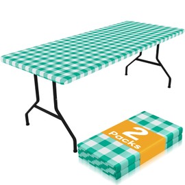 Smiry Picnic Table Cloth 2 Pack, Waterproof Elastic Fitted Tablecloths for 6FT Rectangle Tables, Washable Polyester Buffalo Plaid Tablecloth for Camping, Dining & Outdoor (Green & White, 30" x 72")