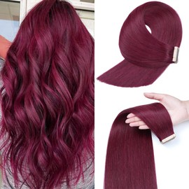 Tape in Hair Extensions Human Hair 99J Red Wine Burgundy 22 Inch 20Pcs Tape in Hair Extensions Tape Ins for Women Straight Invisible Seamless Remy Tape in Hair Extensions Human Hair