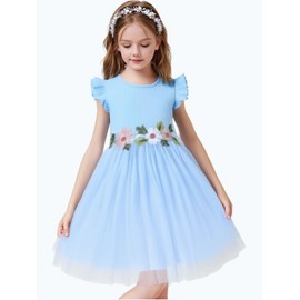 HILEELANG Little Flower Girl Tulle Tutu Dress Light Blue Ribbed Cotton Flutter Sleeves Birthday Wedding Party Princess Dresses 8 Years