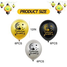 18pcs Ramadan Mubarak Decorations,12In Ramadan Mubarak Balloons, Black Silver Gold Balloons for Ramadan Mubarak Home Eid Mubarak Decor