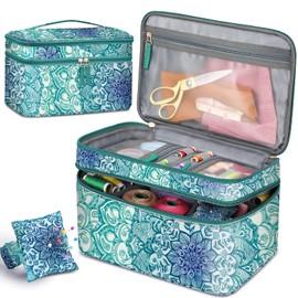 FINPAC Sewing Accessories Storage and Organizer Case, Double-Layer Sewing Kits Carrying Bag with Wrist Pin Cushion for Threads, Needles, Embroidery Floss Supplies, Felting Kits (Emerald Illusions)