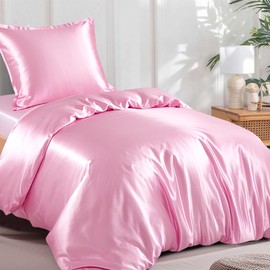 RUIKASI Satin Bed Linen 135 x 200 cm Pink - Silky Luxury Duvet Cover with Shine Like Silk Bed Linen Set for Hair and Skin, Shiny Bed Linen 135 x 200 cm with Zip and Pillowcase 80 x 80 cm