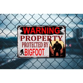 Funny Sasquatch Gift Metal Sign Warning Property Protected by Bigfoot Gifts Tin Signs Vintage Garage Garden Forest Back Yard Decor for Wall Porch 12 x 8 Inch