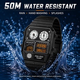 MASTOP Retro Square Digital Watch with Temperature Display Unisex 7.5Inch Analog 3 Time Zones Luminous Backlight 50M Waterproof Alarm Stopwatch Week/Date (Black White)