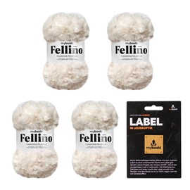 myboshi Fellino Fluffy Fur Wool for Crochet and Knitting, Teddy Wool in Fur Look, Including Leather Look Label, Super Bulky, 100 g, 65 m White (Shiro), 4 Balls