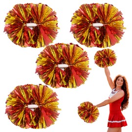 4 Pcs Metallic Cheerleading Pom Poms, 12Inch Cheerleader Pompoms with Baton Handle for Kids Adults School Team Sports Games Dance Cheering (Gold Red)