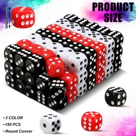 Poen 150 Packs Standard Game Dices 16mm Casino Theme Party Dice Acrylic D6 Dice Bulk Casino Dice for Casino Theme Party Board Games Vegas Birthday Party Supply(Black, Red, White,Round Corner)