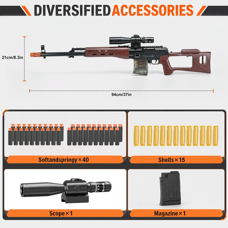 Toy Sniper Rifle Gun with Shell Ejecting Mechanism, Soft Bullet