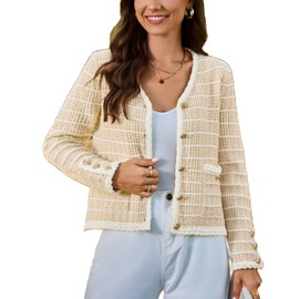 Belle Poque Women's V-Neck Long Sleeve Vintage Cardigan with Pockets, beige