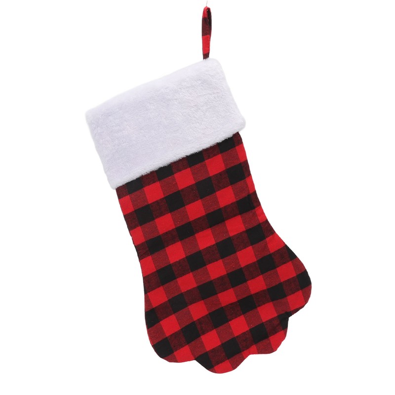 Christmas Stocking Dog Paw Shape Plaid Decorative Gift Bag Christmas