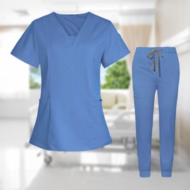 Baoblaze Female Scrub Set, Short Sleeves v Neckline Top and Pants Work Clothing (L, Sky Blue)