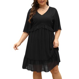 Nemidor Womens Loose Plus Size Summer Ditsy Floral Print Ruffle Mini Flowy Dress NEM314(18,Black)