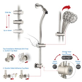 UCLIMAA Rainfall 8 Inch Round Shower Head with High Pressure Handheld Spray Combo, Drill-Free Slide Bar with Adjustable Shower Extension Arm, 3-Way Diverter for Easy Reach, 5Ft Hose- Brushed Nickel