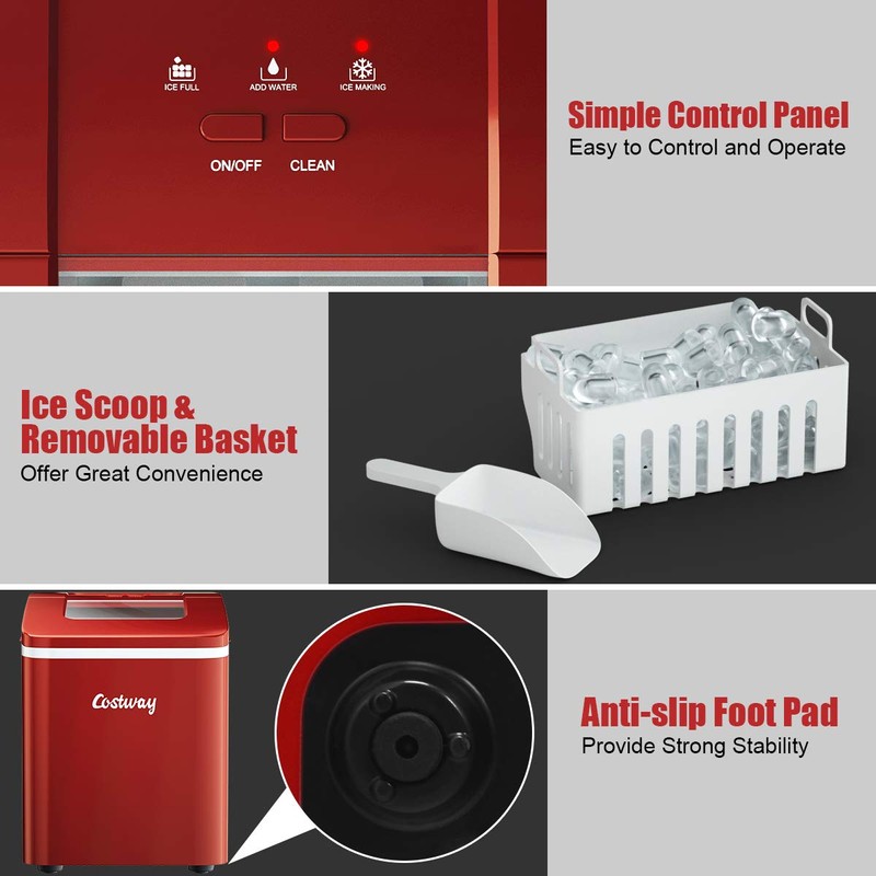 COSTWAY Countertop Ice Maker, 26Lbs/24H Portable Ice Machine with Self-Cleaning