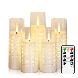 Nimiko Flameless Candles with Embedded Star String - Flow Flicker Battery LED Candles, Realistic Flame,White Set of 5 | Holiday Decoration, Wedding, Party Adding to The Family Atmosphere
