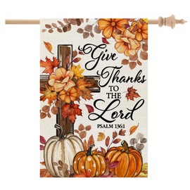 CROWNED BEAUTY Fall Cross Pumpkins House Flag Double Sided 28x40 Inches Religious Thanksgiving Large Burlap Welcome Seasonal Welcome Yard Decoration for Outside Porch CF1863-40