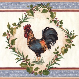CONCORD WALLCOVERINGS ™ Wallpaper Border Vintage Pattern Roosters Leaves for Kitchen Dining Area Cottage Farmhouse, White Green Blue Red, 15 ft by 10 in KH5920B