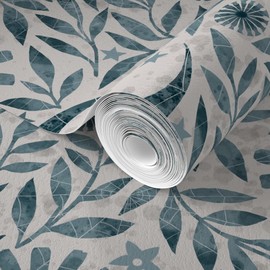 Commercial Grade Wallpaper Swatch - Gothic Floral Hand Drawn Folk Art Moon Spiderweb Teal Sage Green Traditional Wallpaper by Spoonflower
