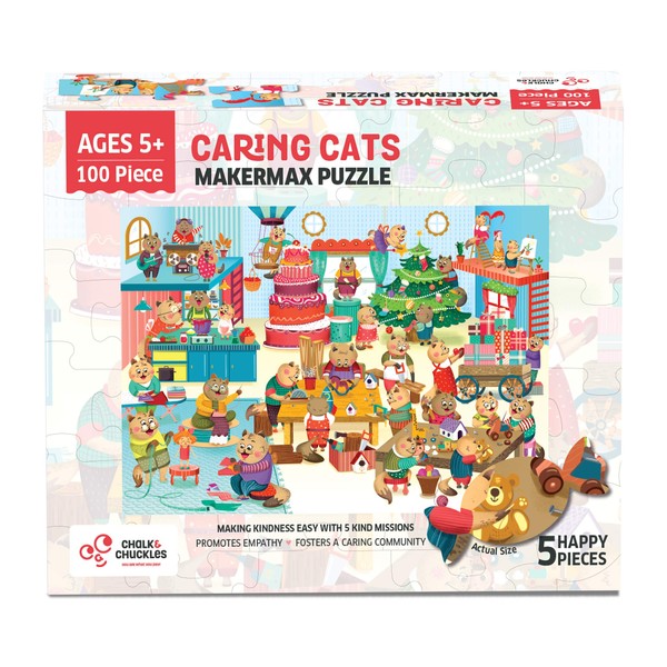 Makermax 100 Piece Puzzles for Kids - Caring Cats from Chalk and Chuckles for Kids Ages 5 and up - Jigsaw Puzzle Activity with Kindness Missions - Educational Gift for Boys and Girls 5, 6, 7, 8 Years