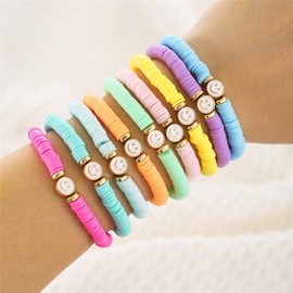 LXSSLY 9Pcs Friendship Bracelets Set for Women Heishi Surfer Colorful Smile Evil Eye Clay Beaded Bracelets Boho Layering Elastic Stretch Bracelets for Women