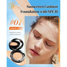 Sunscreen Cushion Foundation with SPF30, Full Coverage Face Cream Foundation Makeup for Mature Skin Moisturizing Breathable Concealer,Lightweight & Buildable BB Cream for All Skin Types, Natural