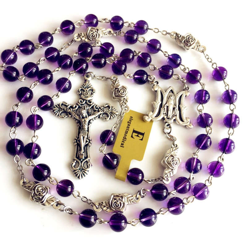 elegantmedical HANDMADE AMETHYST ROSE BEADS 5 DECADE ROSARY ITALY CROSS