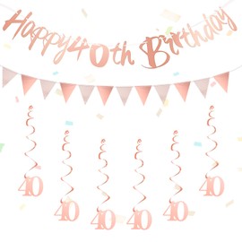 40th Birthday Decorations Rose Gold Happy 40th Birthday Banner Hanging Swirls Streamers Triangle Flag Bunting for Women and Men Party Supplies