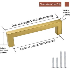 goldenwarm 5 Pack Brushed Brass Cabinet Handles -128mm Modern Gold Bathroom Cabinet Pulls Stainless Steel Kitchen Cabinet T Bar Handles