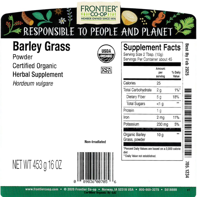 Frontier Co-op Barley Grass Powder, Certified Organic, Kosher | 1
