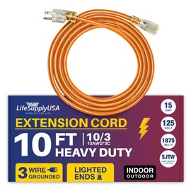 10ft Power Outdoor Extension Cord & Indoor - Waterproof Electric Drop Cord Cable - 3 Prong SJTW, 10 Gauge, 15 AMP, 125 Volts, 1875 Watts, 10/3 by LifeSupplyUSA - Orange (1 Pack)