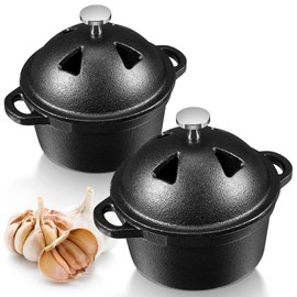 FoldTier 2 Pcs Garlic Roaster Baker Cast Iron Dutch Oven Pre-seasoned Cast Iron Pot 8 oz Mini Cocotte with Lid and Handle Small Black Potato Garlic Baker for Oven BBQ Grill Kitchen Outdoor