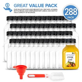 8 oz Juice Bottles with Caps for Juicing - Reusable Plastic Bottles with Lids - 8 Oz Drink Containers for Mini Fridge, Juicer Shots, Small Water Bottles - Includes Labels, Brush & Funnel - (288 Pack)