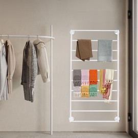 WUSILILU 10 Tier Wall Mounted Scarf Rack, 23.62 * 47.24in Iron Wall Display Rack for Hanging Items, Bathroom Towels Storage Stand for Silk Scarves, Shawls, Ties, Umbrella, Bedroom (White)