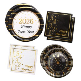 2026 New Year Plates and Napkins Party Supplies - Serves 25 - Happy New Year Eve 9 Inch and 7 Inch Plates, Napkins NY Party Decorations Favors