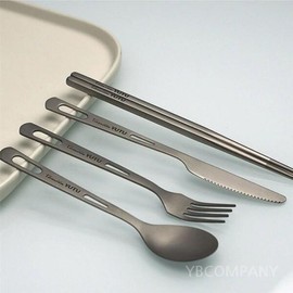 Titanium 티타늄 커트러리 식기 세트 캠핑 백패킹 1인 [7 투 티타늄 포크 스푼 수납함 파우치] Titanium Cutlery Set Camping Backpacking for 1 Person [7-Piece Titanium Fork Spoon Storage Pouch]
