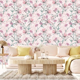 VEELIKE Pink Dandelion Peel and Stick Wallpaper Vintage Pink Floral Wallpaper for Girls Bedroom Nursery 17.7''x118'' Self Adhesive Removable Contact Paper for Walls Cabinets Drawers