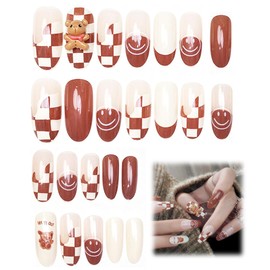 PEXIVOZ 24 Stück Fake Nails mit Bären und Karomuster,Mittellang,Künstliche Nägel mit Farbverlauf,aus Acryl,Einfach Wiederzuverwenden,Press On Nails,mit Kleber/Nagelkleber,für Damen und Mädchen