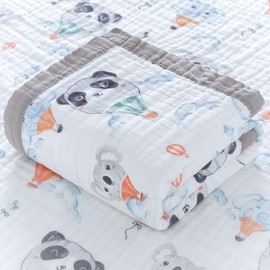 Hivia Muslin Blanket, 6-Layer Cuddly Blanket, Baby Cotton, 110 x 110 cm, Muslin Baby Blanket, Swaddle Blanket, Soft Blanket for Bath Towel, Children's Blanket, Newborn, Unisex (Blue Astronaut)